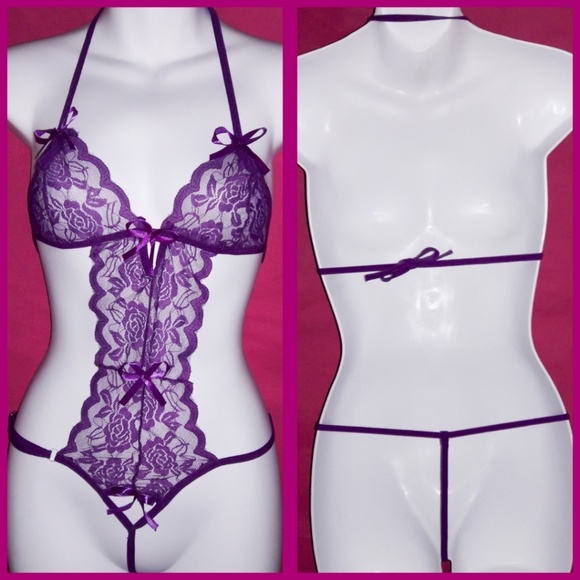 Purple Rose Sheer Lace w/Bows GString Bodysuit O/S - Picture 2 of 4